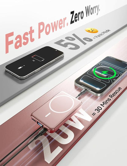 Magnetic Portable Charger, 10000mAh for Magsafe Battery Pack, 20W Fast Charging Power Bank, Travel Essential of Wireless Charger Compatible with iPhone 17/16/15/14/13 Pro/Max/Air/Plus-Rosegold