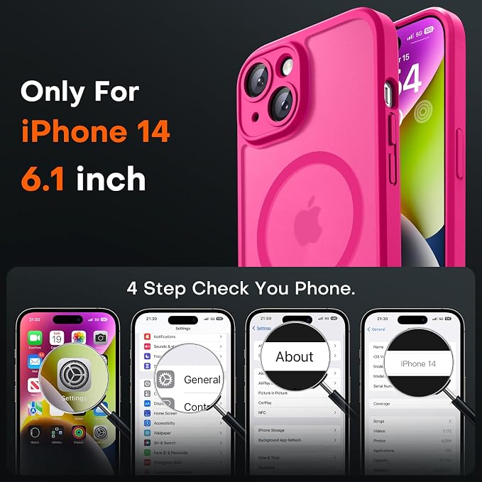 TOCOL for Phone 14 Case, Compatible with Magsafe Charger, Full Camera Protection, Drop Protection, Translucent Matte Phone Case for iPhone 14 6.1 inch (Hot Pink)