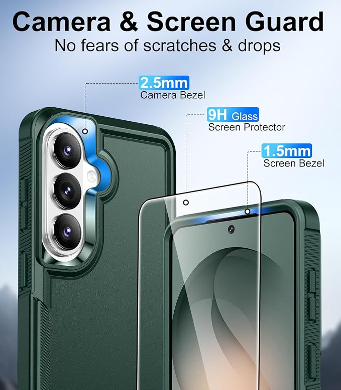 Red2Fire for Samsung Galaxy S26 Case 6.3 Inch, [Military Grade Drop Protection][2 Pack Screen Protectors] Heavy Duty Full Body Shockproof Non-Slip Phone Case,Dark Green