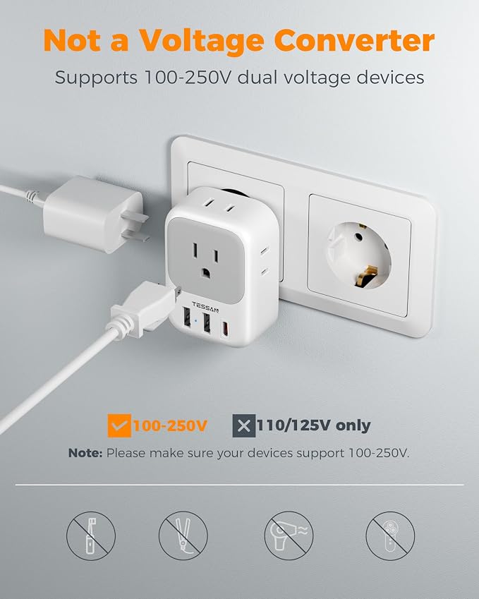 TESSAN European Travel Plug Adapter USB C 3 Pack, PD 20W US to Europe Plug Adapter with 4 AC Outlets 3 USB Ports, Type C Power Adaptor for USA to EU Euro Spain France Iceland Italy Germany Greece
