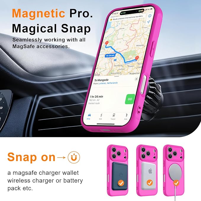 MOCCA Magnetic for iPhone 17 Pro Max Case, (Compatible with Magsafe) (16FT Military Grade Protection) Full Camera Protection Anti-Fingerprint Slim Translucent Matte Phone Cover 6.9",Hot Pink