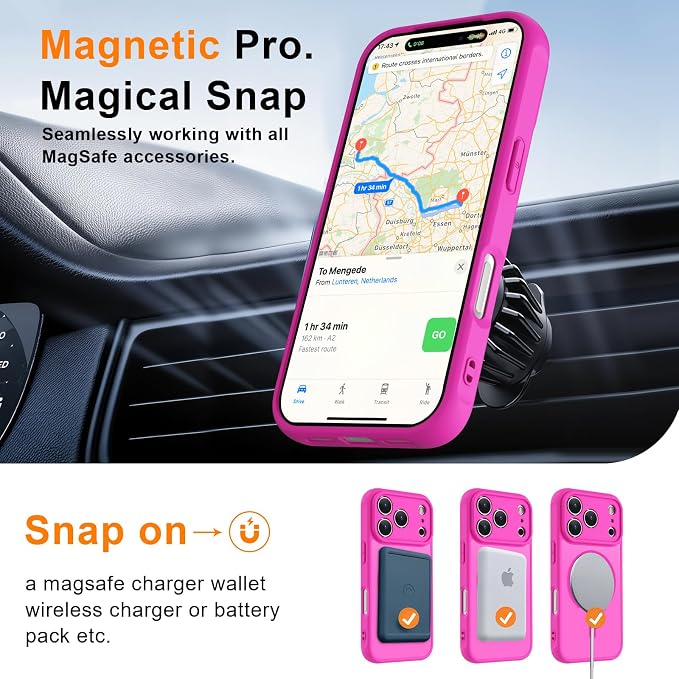 MOCCA Magnetic for iPhone 17 Pro Case, (Compatible with Magsafe) (16FT Military Grade Protection) Full Camera Protection Anti-Fingerprint Slim Translucent Matte Phone Cover 6.3",Hot Pink
