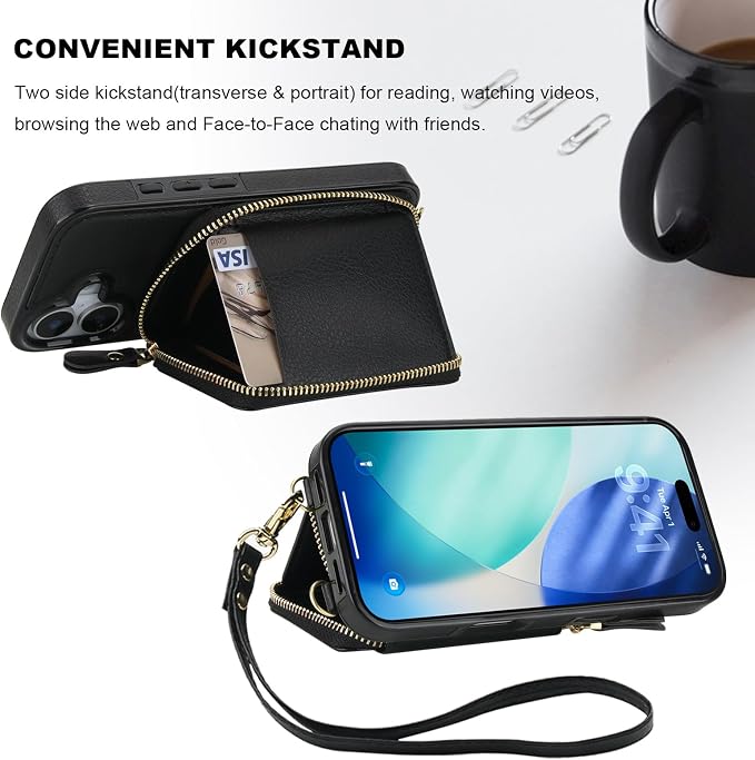 Bocasal RFID Blocking Wallet Case for iPhone 17, Adjustable Crossbody Zipper Purse Case Card Holder with Kickstand Detachable Wrist Strap, PU Leather Flip Folio Case 6.3 Inch 5G (Black)