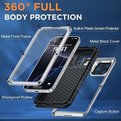 Beasyjoy for iPhone 16 Pro Case Waterproof, Metal Heavy Duty Full Body Protective Case with Built-in Screen Protector, Military Grade Shockproof Dustproof Defender Cover for iPhone 16 Pro 6.3", Silver