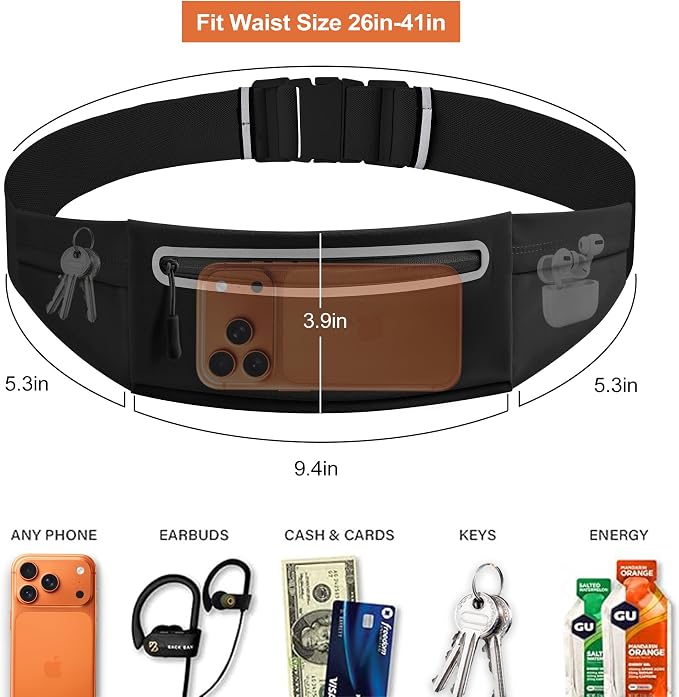 Slim Running Belt for Men Women - No-Bounce Phone Holder Waist Pack, Runners Fanny Pack with Sweat-Proof Pocket ，Travel Money Pouch for Gym/Hiking/Cycling (Light Black)