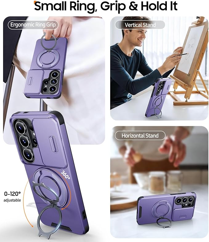 JAME for Samsung Galaxy S26 Ultra Case, Ring Holder Stand Kickstand, Slide Camera Cover with Screen Protector, Dual-Layer Shockproof Protective Magnetic Accessory Friendly S26 Ultra Phone Case, Purple