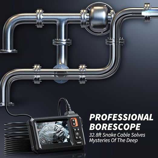 Endoscope Camera with Light, Inspection Borescope Camera with 4.3" IPS Screen, 1920P HD with 8 LED Lights, 32.8FT Semi-Rigid Cord Bore Scope, IP67 Waterproof Endoscope for Sewer, Tools(Orange)