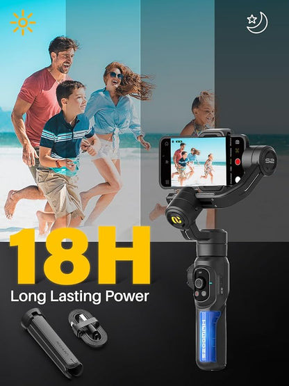 AOCHUAN Professional Gimbal Stabilizer for Smartphone,Built-in 18CM Extension Rod and Powerful Fill Light,360°Inception,Face&Object Tracking Stabilizer,3-Axis Gimbal for iPhone& Android-Smart S2