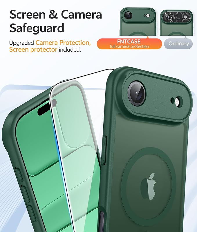 FNTCASE for iPhone Air Case: [Compatible with Magsafe] Translucent Matte Cases with [Full Camera Protection] [Screen Protector] Military Grade Shockproof Protective Phone Cover - Green
