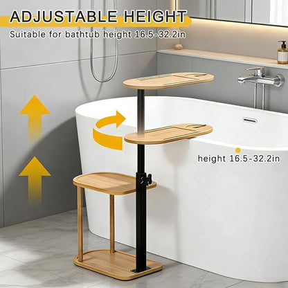 3-Tier Freestanding Bathtub Tray Table, Adjustable Bamboo Bath Caddy with Swivel Design, Standing Bath Shelf for Home Spa, Natural