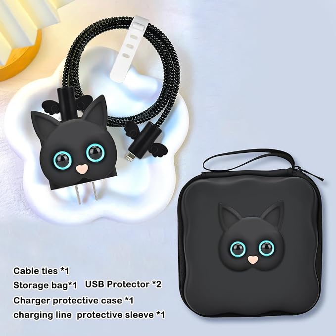 CameCosy Phone Charger Storage Case Cover Sets with Cable Protector for iPhone Adapter, Wave Travel Storage Bag, Cord Wire Saver Cable Organizer Soft Cute Cable Protector (Black Cat)