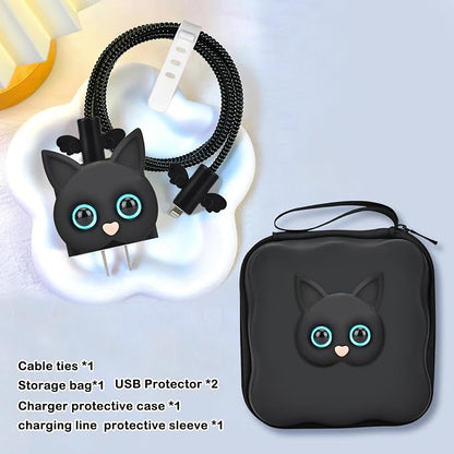 CameCosy Phone Charger Storage Case Cover Sets with Cable Protector for iPhone Adapter, Wave Travel Storage Bag, Cord Wire Saver Cable Organizer Soft Cute Cable Protector (Black Cat)