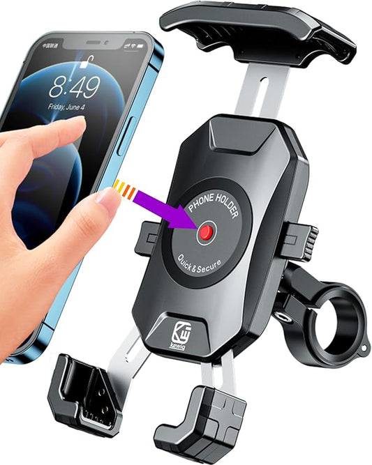 BRCOVAN Motorcycle Bike Phone Mount with Solid Aluminum Alloy Mounting Base, [1s Lock] Handlebar Cell Phone Holder for Bicycle ATV Scooter, Fit 4-7'' Smartphone