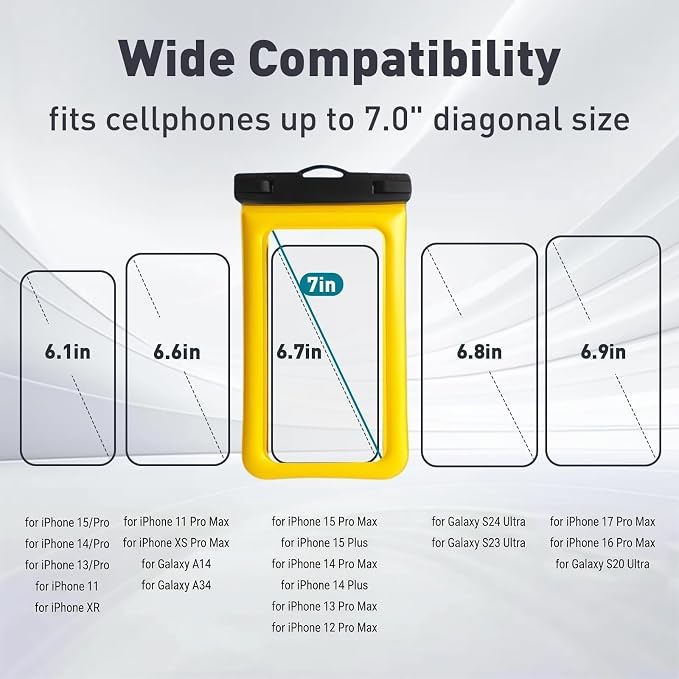 Floatable Soap Bubble Waterproof Phone Pouch/Case with Crossbody Lanyard for iPhone 17 16 Pro Max/15 Pro/14/13/12, IP68 Cellphone Dry Bag Beach Cruise Ship Essentials, 1 Pack-Yellow-7″