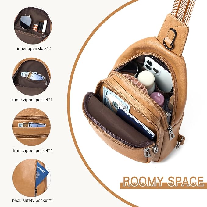 Leresas Sling Bag for Women Cross Body Purse Fanny Pack Sling Backpack Vegan Leather Over Shoulder Crossbody Handbag Travel Gifts Tan