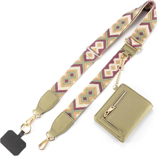 Diaclara Clip and Go Phone Strap with Zipper Pouch- Stylish Crossbody Adjustable Chain Lanyard with Leather Wallet for All Phones, Green