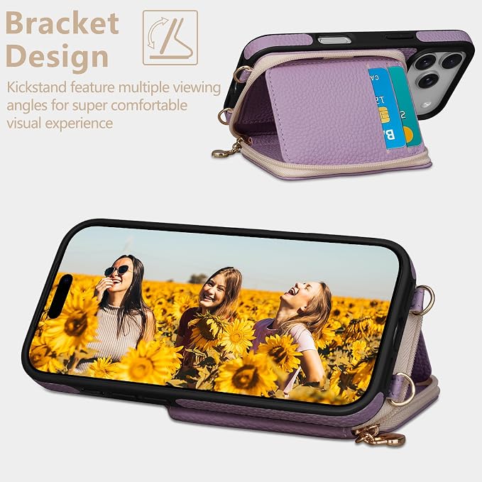 Keallce Case for iPhone 17 Pro 6.3'' Case Wallet, Crossbody Zipper Purse with RFID Blocking Card Slots Kickstand, Lanyard & Handstrap Flip Folio Leather Phone Cover for iPhone 17 Pro, Purple