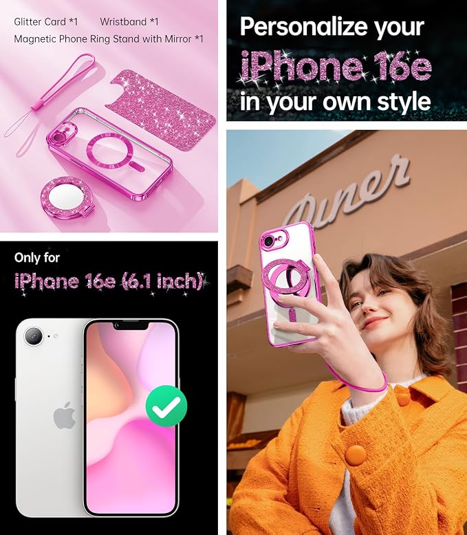 Meifgino Magnetic Case with Removable Phone Ring Stand for iPhone 16E 6.1’’, [Glitter Card & Wrist Strap] [MagSafe Compatible] [Built in Mirror] Phone Ring Stand + Phone Case Kit, Hot Pink