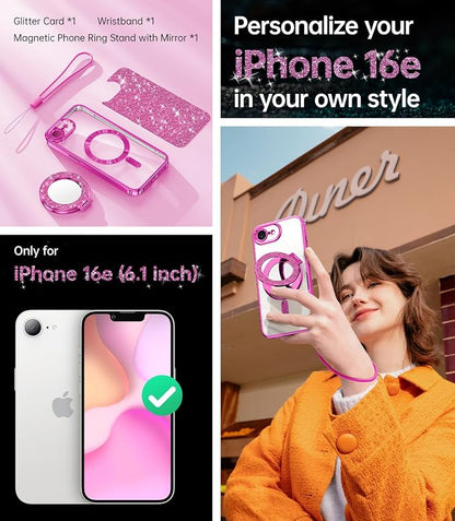 Meifgino Magnetic Case with Removable Phone Ring Stand for iPhone 16E 6.1’’, [Glitter Card & Wrist Strap] [MagSafe Compatible] [Built in Mirror] Phone Ring Stand + Phone Case Kit, Hot Pink