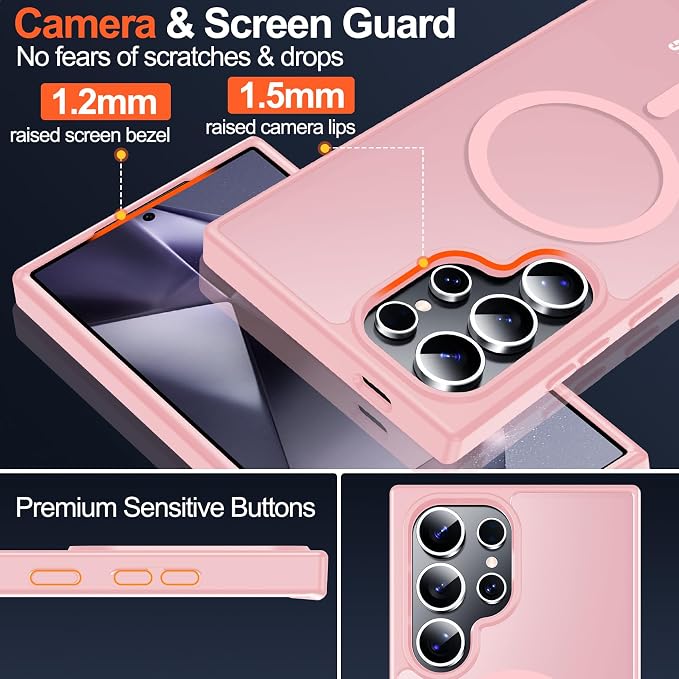 MOZOTER for Samsung Galaxy S24 Ultra Case,[Compatible with MagSafe] Pink | [12Ft Military Dropproof][2*Screen Protector]Translucent Anti-Slip Back Slim Shockproof Case for S24 Ultra-Pink