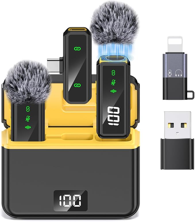 Mini Lavalier Microphone for iPhone/Android/PC, Lav Mic with 45H Battery, Noise Cancellation, 48KHz 16-Bit, Wireless Mic for Video Recording, Tiktok, YouTube, Vlog (Black+Yellow)