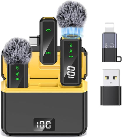 Mini Lavalier Microphone for iPhone/Android/PC, Lav Mic with 45H Battery, Noise Cancellation, 48KHz 16-Bit, Wireless Mic for Video Recording, Tiktok, YouTube, Vlog (Black+Yellow)