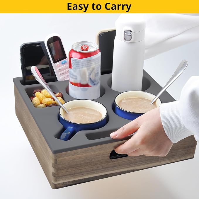 KindGa Couch Cup Holder, Waterproof Anti-Spill Couch Drink Holder for Snacks Beverage Remote, Food Grade Silicone Wooden Couch Caddy for Bed Car Seat Beach Tray (Gray)