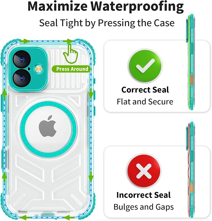 for iPhone 16 Waterproof Case, Compatible with MagSafe, IP68 Built-in Camera Control, Military Shockproof & Screen Protector for Water Sports, 6.1 Inch Frosted Teal