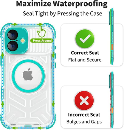 for iPhone 16 Waterproof Case, Compatible with MagSafe, IP68 Built-in Camera Control, Military Shockproof & Screen Protector for Water Sports, 6.1 Inch Frosted Teal
