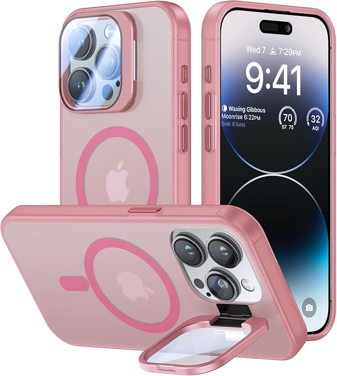 for iPhone 15 Pro Case with Camera Cover Stand [Built-in 9H Camera Lens Protector][Fit for Magsafe] Military Grade Shockproof Translucent Matte Magnetic Phone Case 6.1", Pink