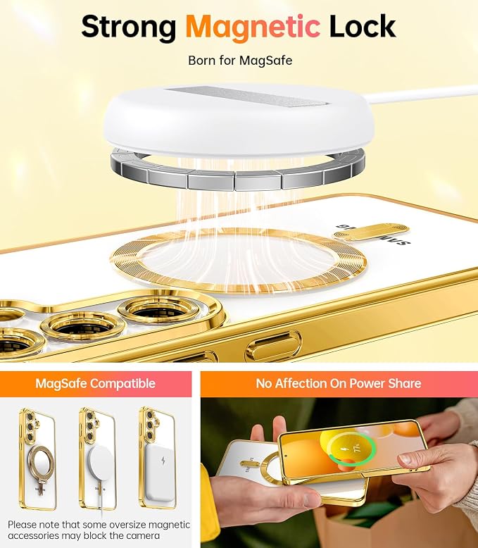 Meifigno Designed for Samsung Galaxy S25 Plus Case, [Compatible with MagSafe] [2X HD Screen Protectors] [Glitter Card & Wrist Strap] Surround Raised Lens Protection Case for S25 Plus 6.7", Gold