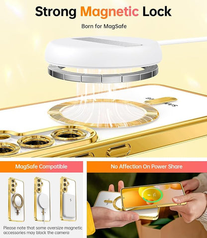 Meifigno Designed for Samsung Galaxy S25 Plus Case, [Compatible with MagSafe] [2X HD Screen Protectors] [Glitter Card & Wrist Strap] Surround Raised Lens Protection Case for S25 Plus 6.7", Gold