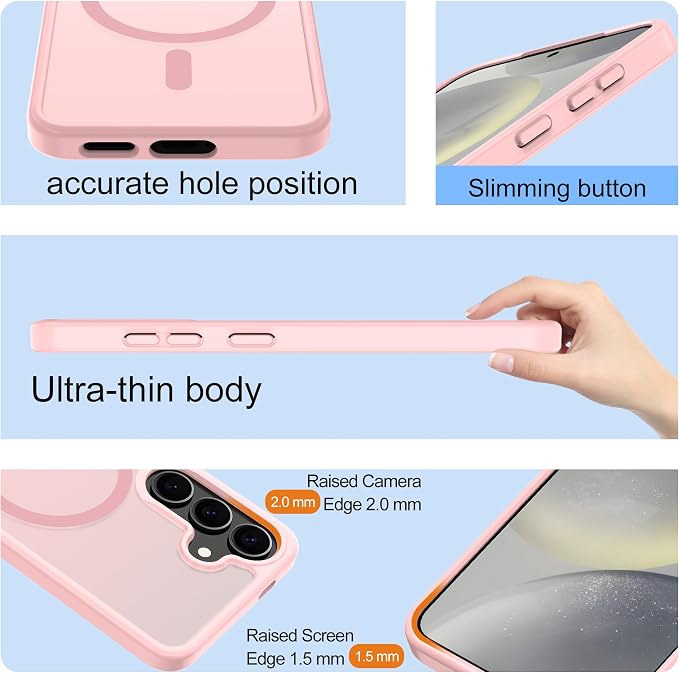 For Samsung Galaxy S24 Case & Galaxy S25 Case [Compatible with Magsafe] Translucent Matte Magnetic Phone Case,Slim Thin Duty Shockproof Protection Cover with 2pc HD Screen Protector for S24/S25-Pink