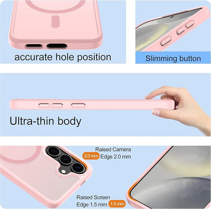 For Samsung Galaxy S24 Case & Galaxy S25 Case [Compatible with Magsafe] Translucent Matte Magnetic Phone Case,Slim Thin Duty Shockproof Protection Cover with 2pc HD Screen Protector for S24/S25-Pink