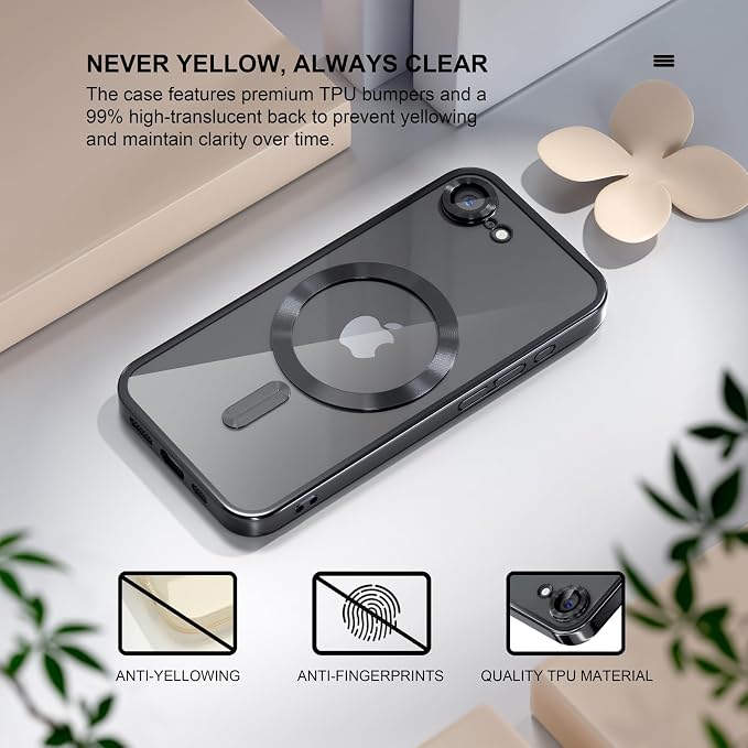 Misea Magnetic for iPhone 17e / 16e Case Compatible with MagSafe [Never Yellowing] [Military Grade Drop Protection] Full Camera Lens Protector Plating Soft Clear Phone Case for Women 6.1 inch, Black