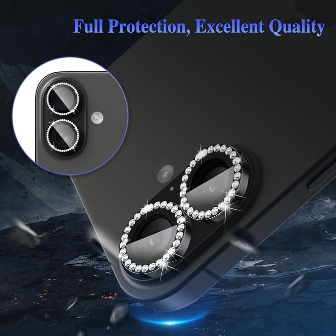 ShinKin Camera Lens Protector for iPhone 16/iPhone 16 Plus, Bling Glitter Camera Cover, 9H Tempered Glass Individual Metal Ring Camera Protector for iPhone 16/iPhone 16 Plus (Diamond - Black)