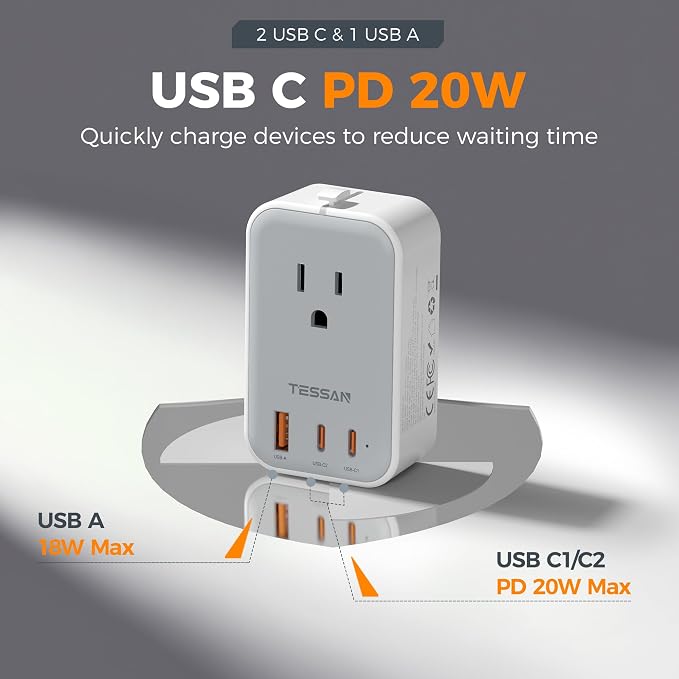 TESSAN Universal Travel Adapter PD 20W, Ultra Thin International Power Adapter 2 USB C 1 USB A, Worldwide Power Plug Adaptor for USA to European UK Italy Ireland New Zealand (Type C/G/A/I), Grey