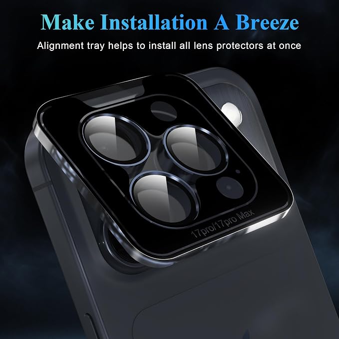 YWXTW Camera Lens Protector for iPhone 17 Pro/iPhone 17 Pro Max, [1 Step Installation Tray] Tempered Glass Screen Protector Metal Individual Camera Cover Accessories Case Friendly (Deep Blue-2Pack)