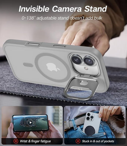 [Upgraded] for iPhone 16 Case with Camera Cover Stand [Fit for MagSafe][9H Camera Lens Protector] Mil-Grade Protection Translucent Matte Silicone Magnetic iPhone 16 Phone Case, Grey