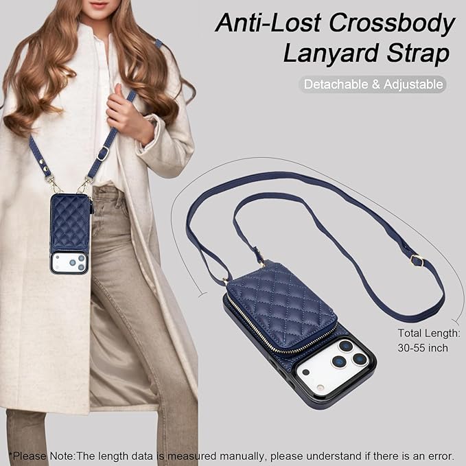 Bocasal Crossbody Wallet Case for iPhone 17 Pro Max, RFID Blocking PU Leather Zipper Handbag Purse Flip Cover, Kickstand Folio Case with Card Slots Holder Wrist Strap Lanyard 5G 6.9 Inch (Dark Blue)