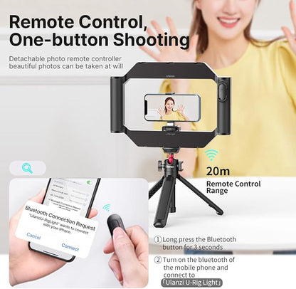 ULANZI Smartphone Video Rig w Light and Remote Control for Videomaker Filming Maker Video grapher, U-Rig Light Handheld Square Ring Light Phone Video Making Stabilizer Grip Cage w Cold Shoe Mount