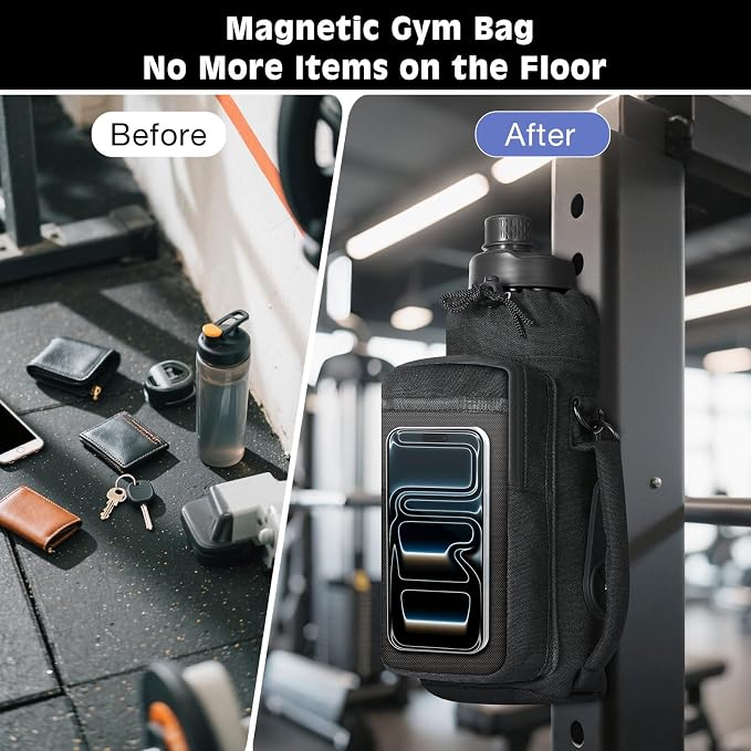 MoKo Magnetic Gym Bag, Magnetic Water Bottle Holder with Clear Phone Pouch, Built-in 4 Magnets Fitness Bag for Men and Women Compatible with Most Water Bottles, Gym Accessories Gifts, Black