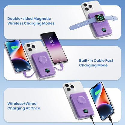 6 in 1 Magnetic Portable Charger for iPhone with Built-in Cables, 10800mAh 25W PD Fast Charging Power Bank, 6 Outputs Travel Essential Battery Pack for iPhone 17/16/15/14/13/12,Apple Watch (Purple)