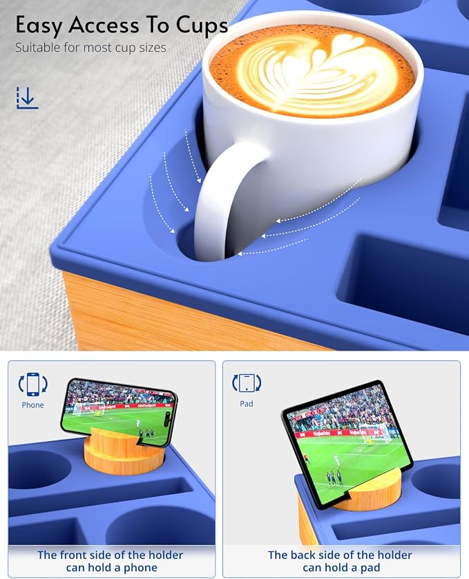 Couch Cup Holder Tray - Couch Organizer Caddy, Silicone Beach Caddy with Cup Holder, Sofa and Bed Drink Holder and Couch Tray Table for Snacks Beverage Remote (Blue)