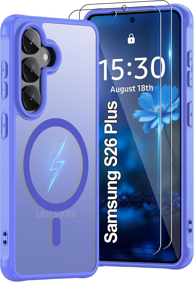 Compatible for Samsung Galaxy S26 Plus Phone Case: S26 Plus Case with 2PC HD Screen Protector, Wireless Charging Matte Translucent Soft-Touch & Full Body Shockproof para Case Galaxy S26 Plus,Sky Blue