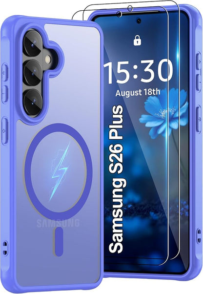Compatible for Samsung Galaxy S26 Plus Phone Case: S26 Plus Case with 2PC HD Screen Protector, Wireless Charging Matte Translucent Soft-Touch & Full Body Shockproof para Case Galaxy S26 Plus,Sky Blue