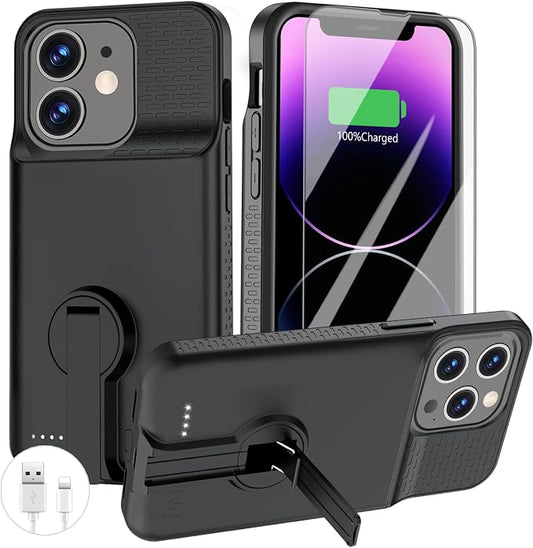 GIN FOXI Battery Case for iPhone 14 Pro Max/14 Plus/13 Pro Max/12 Pro Max, Rechargable Charging Case with Stand 8000mAh Portable Extended Case Cover for 14 Pro Max,14Plus,13/12Pro Max Black