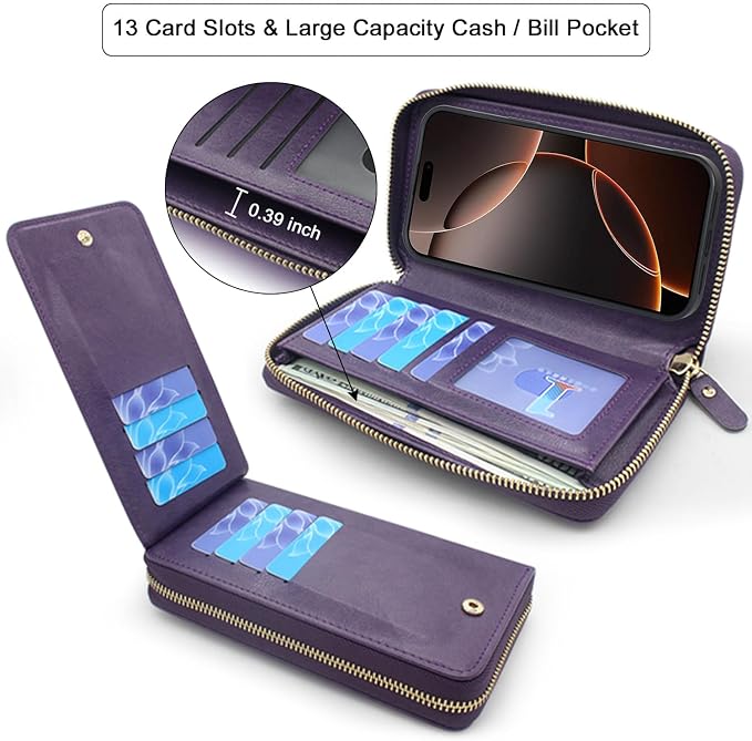 Lacass for iPhone 16 Pro Max 6.9 inch 2024 Wallet Case, Crossbody Dual Zipper Detachable Magnetic Leather Wallet Case Cover Wristlets Wrist Strap 13 Card Slots Money Pocket(Floral Dark Purple)