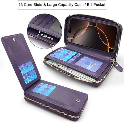 Lacass for iPhone 16 Pro Max 6.9 inch 2024 Wallet Case, Crossbody Dual Zipper Detachable Magnetic Leather Wallet Case Cover Wristlets Wrist Strap 13 Card Slots Money Pocket(Floral Dark Purple)
