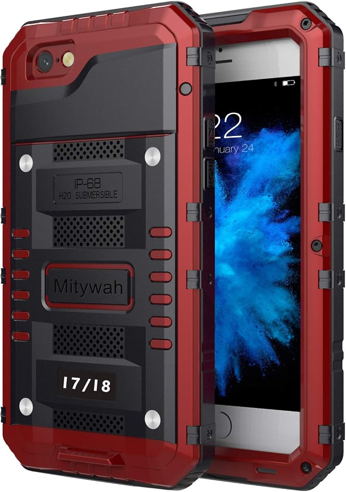 Mitywah Waterproof Case Compatible with iPhone 7 / iPhone 8 Heavy Duty Durable Metal Full Body Protective Case Built-in Screen Protection Shockproof Dustproof Rugged Military Grade Defender, Red
